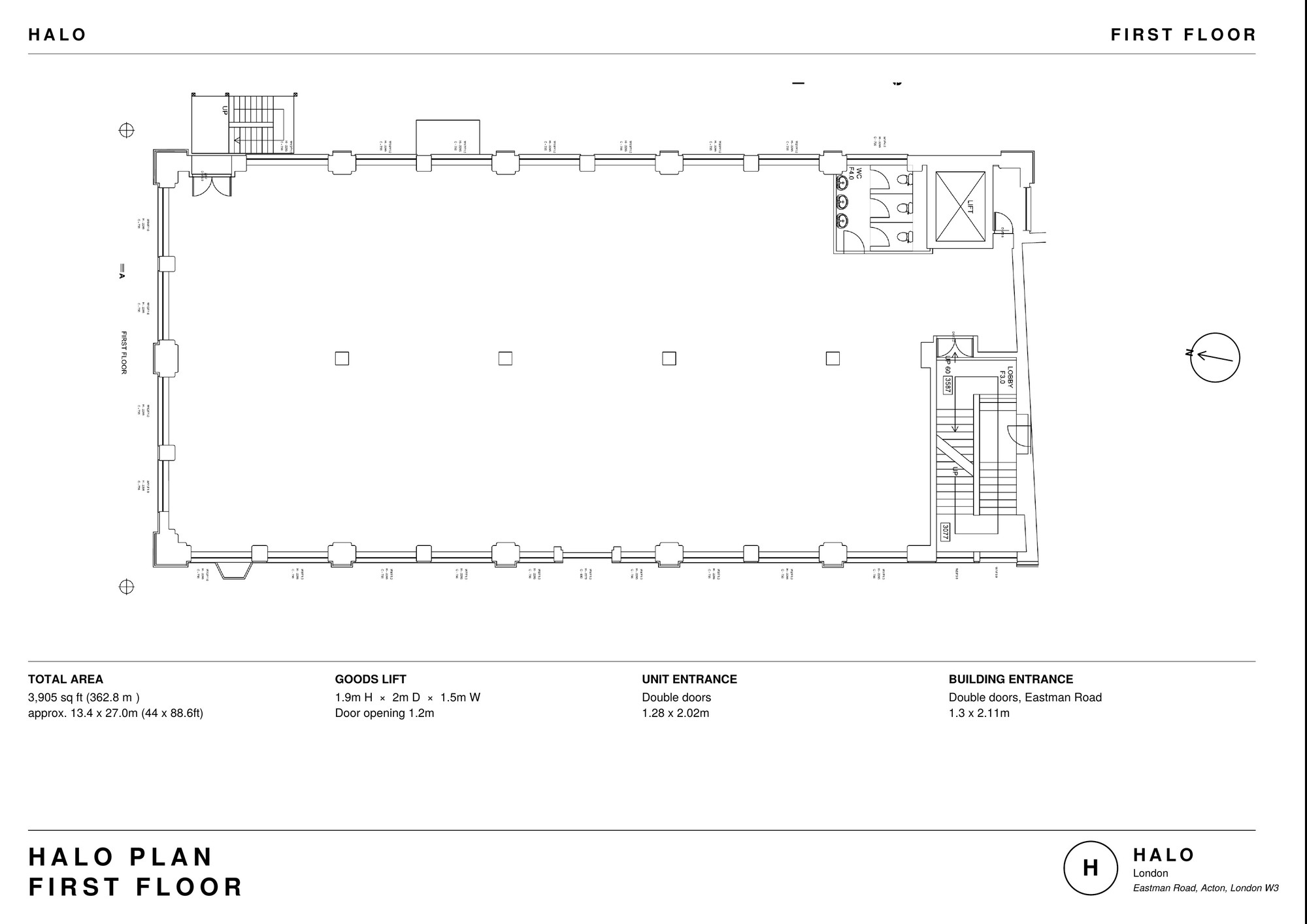 Halo floor plan — first floor, approx. 13.4 × 27.0 m, showing goods lift, WCs and stair cores